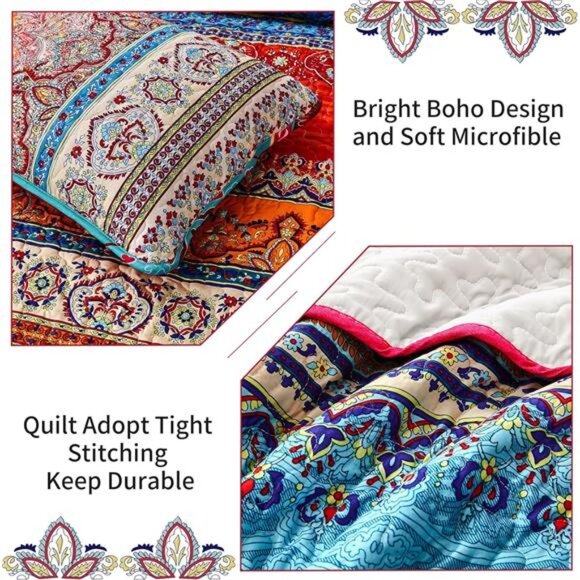 BEDDING Bohemian Quilt Set Queen Size, Boho Striped Pattern Bedspread Set - Picture 6 of 7